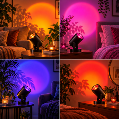 Cuatro ambientes de colores creados con la lámpara Sunset