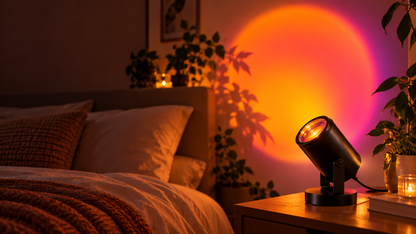 Dormitorio acogedor iluminado con proyector Sunset